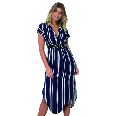 

2019 Summer New Sexy V-neck Short Sleeve Stripe Medium Long Dress Irregular Shirt Dress