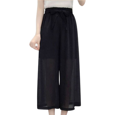 

Fashion Women Chiffon Solid Lacing High Waist Casual Pant Wide Leg Beach Trouser