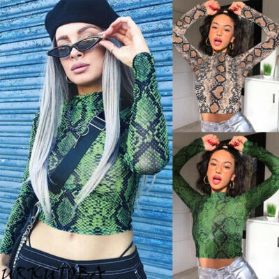 

New Women Slim Crop Tops Casual Snake Print Sheer Crop Top Long Sleeve T-Shirt