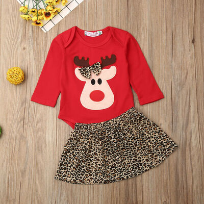 

1st Christmas Clothes Infant Baby Girls Deer Tops Romper Leopard Skirt Outfit