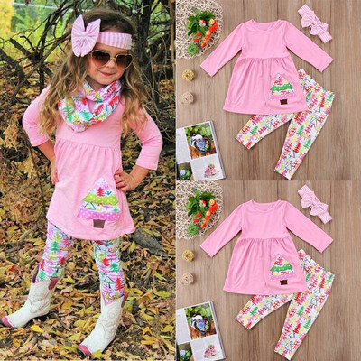 

Toddler Baby Girls Long Sleeves Christmas Tree Print TopPantsHeadband Sets