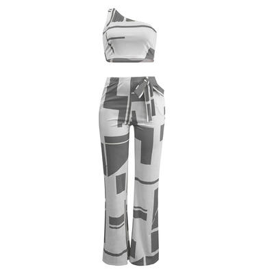 

2pcs Women Print Set One Shoulder Sleeveless TopsWide Legs Bandage Pants