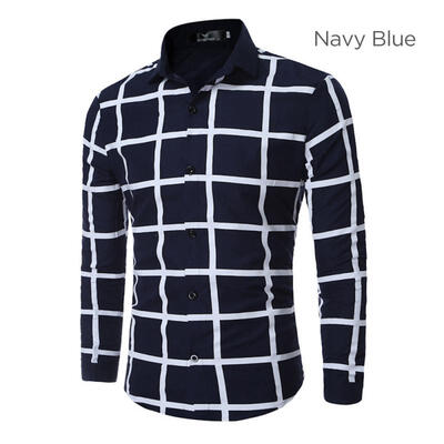 

Fashion Plaid Geometric Pattern Mens Shirt Casual Slim Long Sleeve Base Shirt Tops
