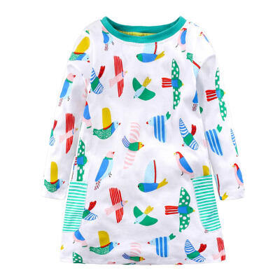 

Girls Long Sleeve Stripe Casual Dresses Cartoon Birds Kids O-Neck Clothing