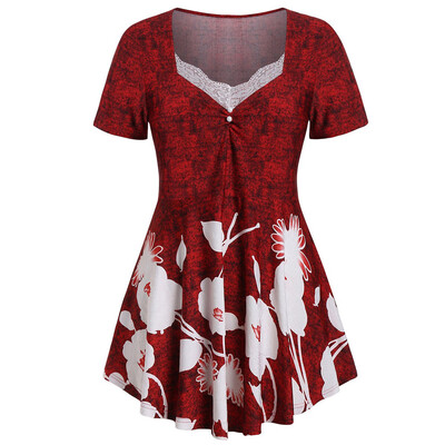

Roseonmyhand Plus Size Fashion Women Floral Printed O-Neck Ruched Lace Short Sleeve Tops