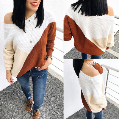 

〖Follure〗Women Colorblock Strapless Long Sleeve Knitted Sweater Jumper Pullover Blouse