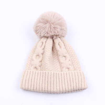 

Funny Women Knitted Hat Solid Color Wool Blends Crochet Pattern Pom-pom Top Ribbed Casual Warm Beanies