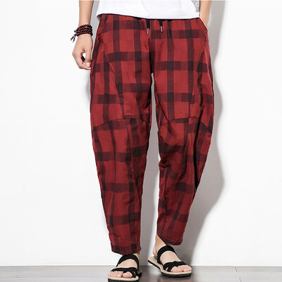 

Gobestart Mens Fashion Summer Casual Plaid Drawstring Cotton Linen Long Pants Trousers