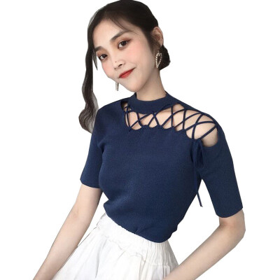 

Summer T Shirt Women Irregular Collar Hollow Knitted Short Sleeves Tee Shirt High Elasticity Breathable Top Female Tshirt