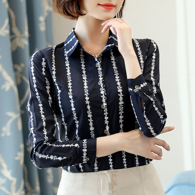 

Women\s Shirt Collar Wild Striped Print Plus Size Long Sleeve OL Chiffon Shirt