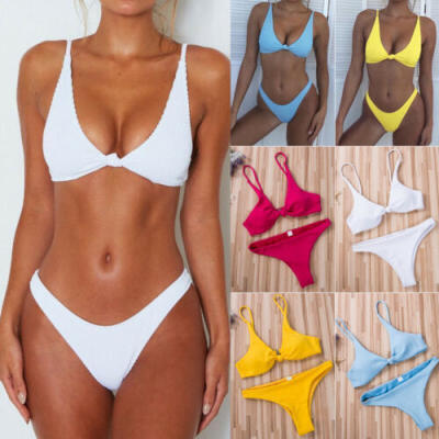 

Women Bikini Sets Knotted Bra Tops Thong Bottoms Swimwear Swimsuit Beachwear