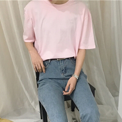 

Solid Color loose Casual Female Shirt College Wind O-neck Short-Sleeved T-Shirt Female