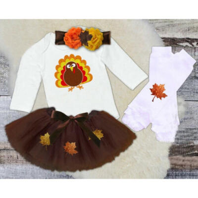 

US 4PCS Newborn Baby Girl Thanksgiving Party Dress Turkey RomperTulle Skirt Set