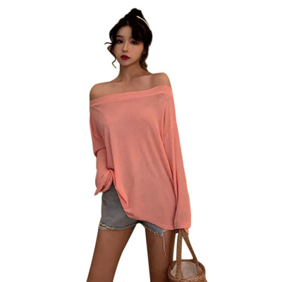 

Slash Neck Casual Loose Long Sleeve Solid Off Shoulder Pullover Tops