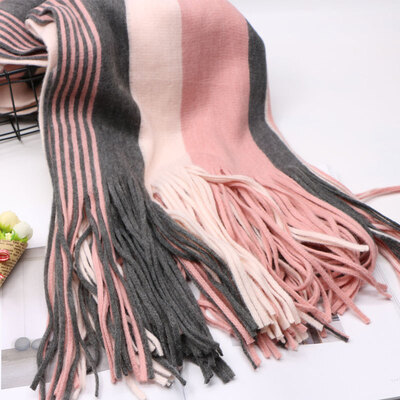 

Korean version of womens autumn&winter new thick warm dual-use couple models scarf knit wool vertical strip color matching collar men