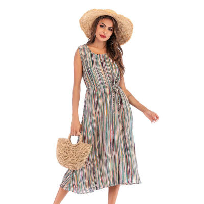 

Women Sleeveless Colorful Stripe Dress O Neck Summer Lacu Up Beach Dress