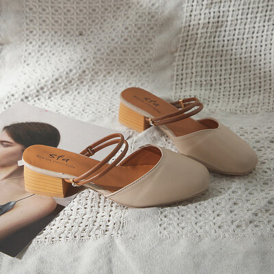 

Baotou sandals slippers&two female fairy style ins trendy 2019 new students with medium heel&thick heel Muller shoes