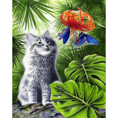 

5D DIY Diamond Painting Grey Cat Leaves Cross Stitch Embroidery Mosaic Kit