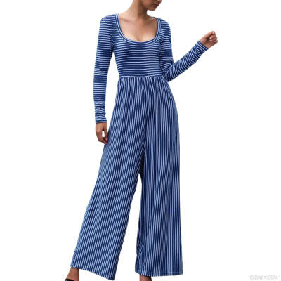 

Women Jumpsuit U-neck Long-sleeved Wide-leg Pants Striped Jumpsuit Jumpsuit Wide-leg Pants