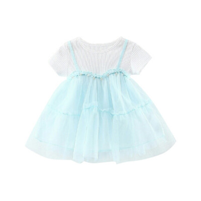 

Summer Baby Girl Short Sleeve Patchwork Princess Dress Fake 2 Piece Pearl Ball-gown Sundress