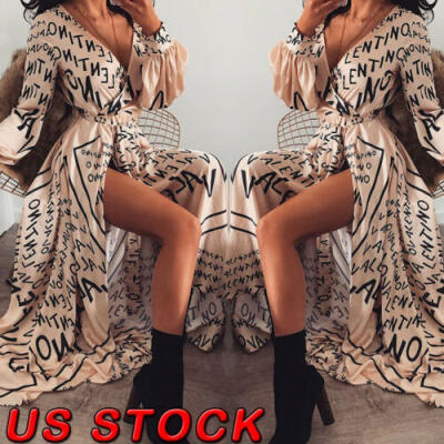 

Women Summe Letter Print Boho V-neck Long Sleeve Slit Maxi Dress Beach Sundress