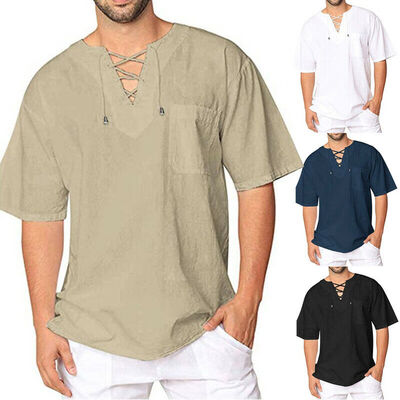 

Mens Baggy T Shirt Cotton Linen Tee Hippie Shirts Short Sleeve Yoga Top