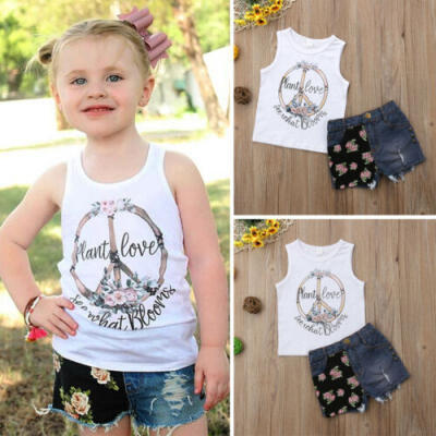 

Fashion Kids Baby Girls Floral Vest Tops Denim Shorts Pants Outfits Clothes US