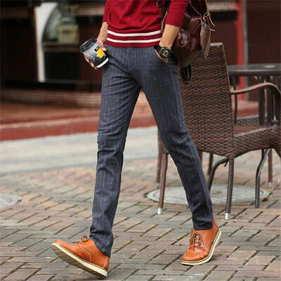 

Mens Slim Fit Pants Causal Straight Plaid Cotton Trousers
