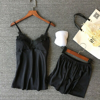 

2Pcs Women Satin Silk Sleepwear Lace V Neck Tops Shorts Pants Pyjamas Set