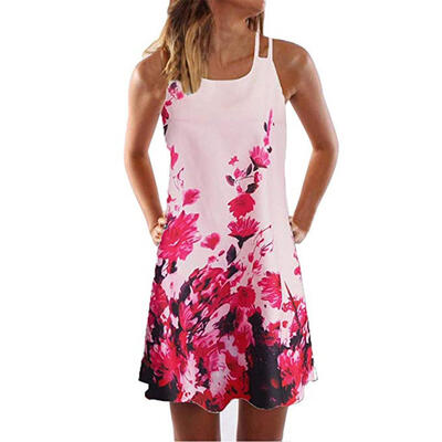 

Floral Print Straps Dresses Women O Neck Sleeveless A-line Loose Dress