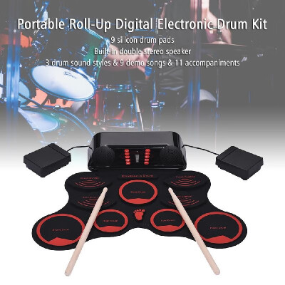 

Portable Roll-Up Drum Set Digital Electronic Drum Kit 9 Silicon Drum Pads Built-in Double Speakers with Drumsticks Foot Pedals USB