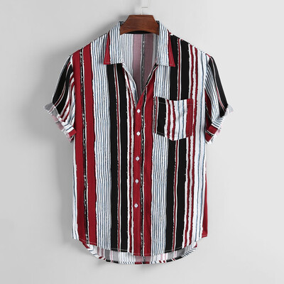 

Toponeto Mens Colorful Stripe Summer Short Sleeve Loose Buttons Casual Shirt Blouse