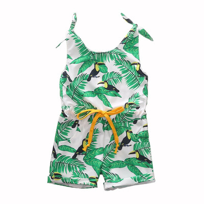

1304 Girls Polyester Leaf Print Tether Strap Romper