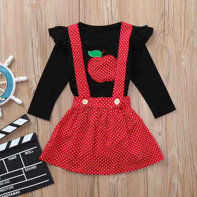 

Toddler Infant Baby Girls Cartoon Ruched Tops Strap Dot Print Skirt Outfits Set