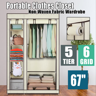 

67" Portable Clothes Closet Wardrobe with Non-woven Fabric&Hanging Rod Beige