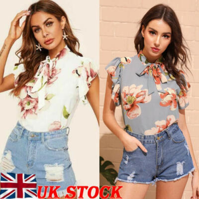 

UK Womens Chiffon Floral Tie Neck Blouse T-Shirt Ladies Shirt Casual Tops Blouse