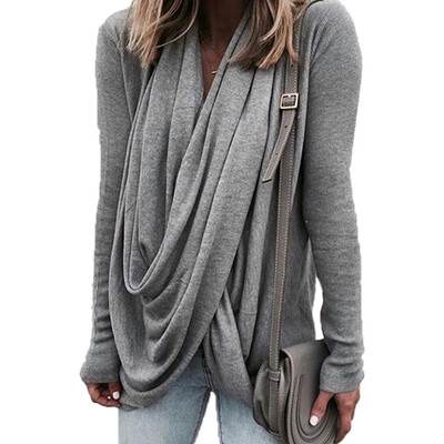 

2018 Women Autumn Asymmetrical Pile Collar Top Fashion Long Sleeve Twisting Pleated Crossing Tops Solid Color Slim T-Shirts