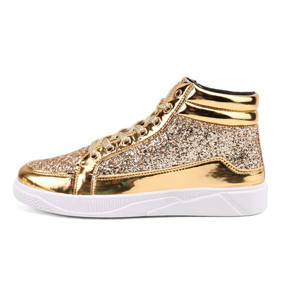 

Hot Sale Sequin Patent Leather Shoes Man Glossy Bling High Top Vulcanized Shoes Breathable Soft Rubber Sole Zapatos De Hombre