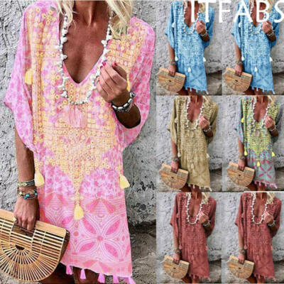 

Boho Women Casual Long Sleeve Cotton Linen Kaftan Maxi Dress Long Dress beach