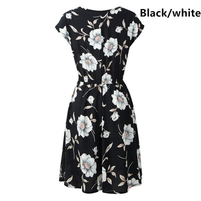 

Cotton printed round neck short sleeve elastic waist casual dress