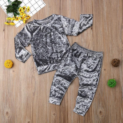 

Little Girl Long Sleeve Velvet Pullover Sweatshirt Top Elastic Pants Kids Toddler Gray Sweatsuit Autumn Outfits