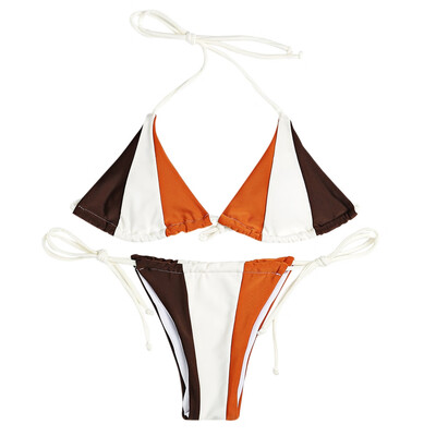 

Halter Neck Backless Padded Color Blocking Low Waist Women Bikini Set