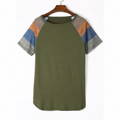 

Color matching womens T-shirt round neck short-sleeved loose straight top