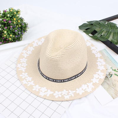 

Women Summer Sunhat Straw Wide Brim Flower Print Adjustable Summer Panama Beach Holiday Cap