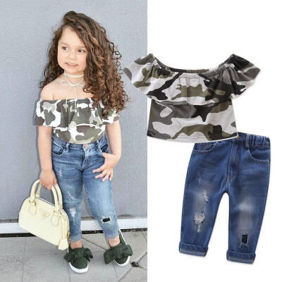 

Fashion Kids Girls Short Camo Tops Jeans Pants Leggings Outfits Set Clothes 1-7Y