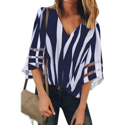 

Women Sexy V Neck Batwing Striped Chiffon Casual Blouse T-Shirt Lady Shirts Tops