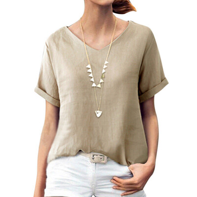 

Womens Cotton Linen Shirt Tops V Neck Short Sleeve Loose Baggy Blouse Oversized