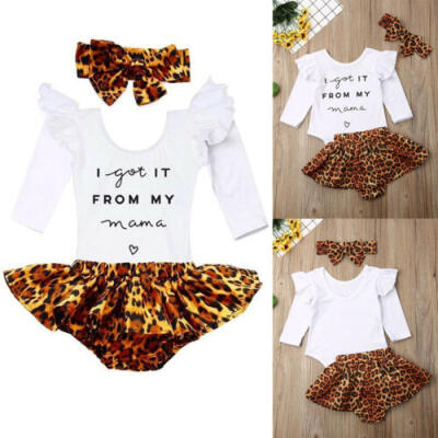 

Newborn Baby Girls Clothes Ruffle Tops Romper Leopard Skirt Headband Outfits Set