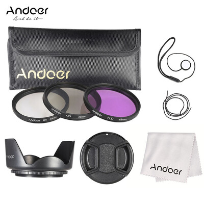 

Andoer 49mm Filter Kit UVCPLFLD Nylon Carry Pouch Lens Cap Lens Cap Holder Lens Hood Lens Cleaning Cloth