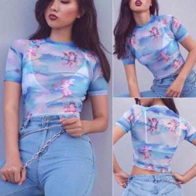 

Women Cupid Cherub Print Transparent Mesh Sheer Crop Top T-Shirt Blouse Tee Tops